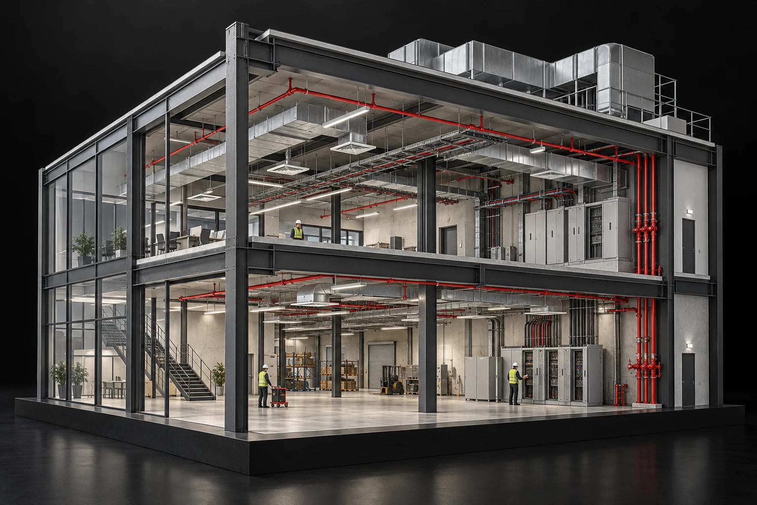 Illustrative architectural cutaway showing integrated building services